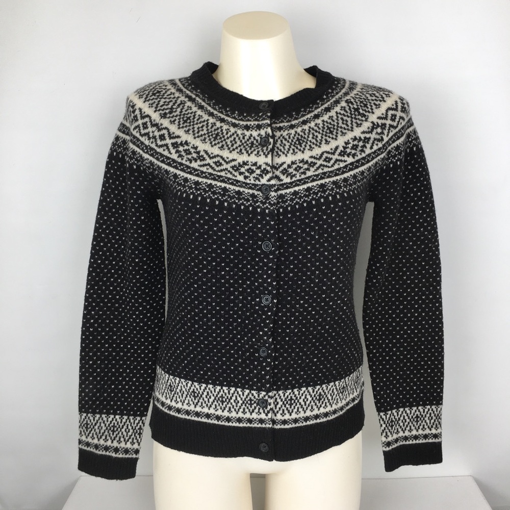 Cambridge Fair Isle Lambswool Button Cardigan Sweater Women’s Size S Black White